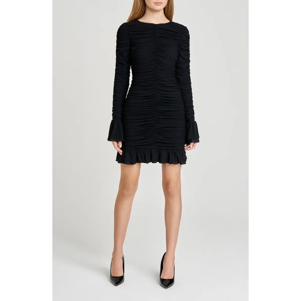WAYF Maxine‎ Long Sleeve Ruched Ruffle Minidress in Black Size S